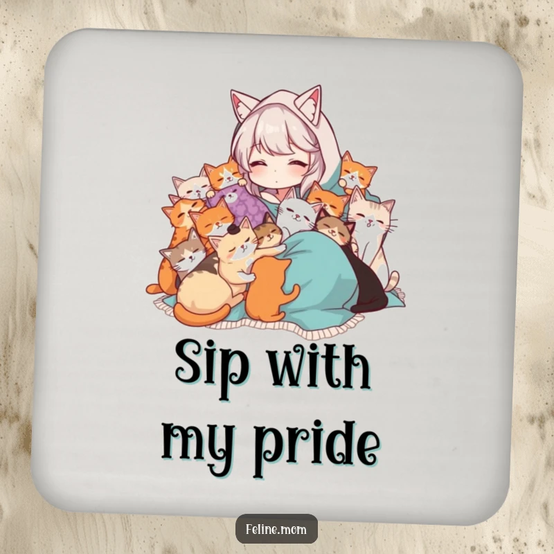 Funny Cat Lady coaster set with a woman in a blanket being cuddled by many cats. Humorous and protective decor for tables.