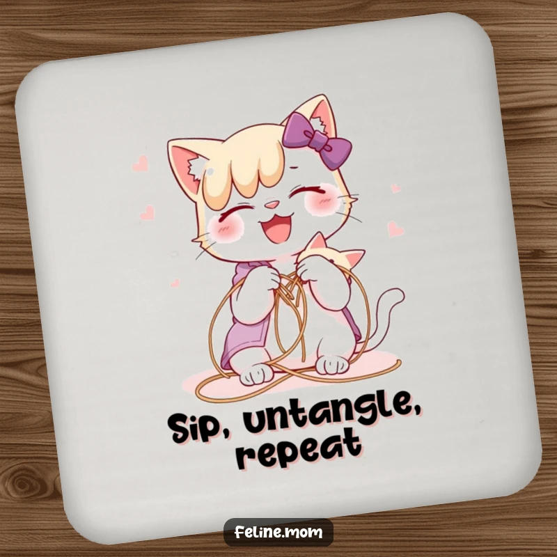 Funny cat lady joyfully untangling a cat from a string, on a set of decorative drink coasters.