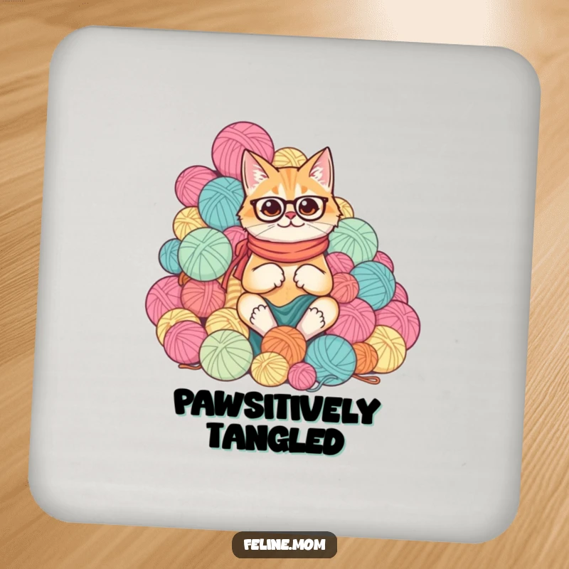 Funny cat lady surrounded by a comical mountain of yarn balls, on a set of decorative drink coasters.