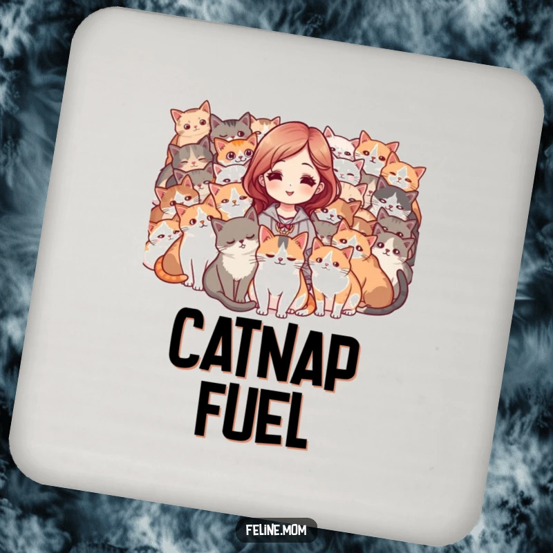 Funny drink coaster set with a woman surrounded by a purring mob of cats, looking pleased. A humorous accessory.