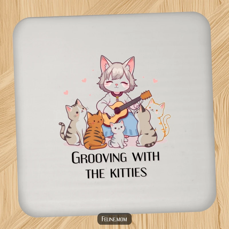 Funny Drink Coaster: A woman plays a tiny guitar for cats, protecting surfaces with musical charm.