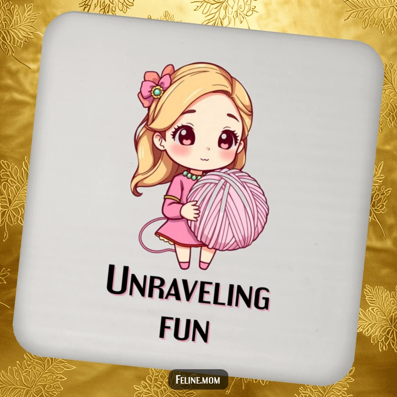 Funny drink coaster set with a woman in a jeweled collar holding a large yarn ball, adding humor to your table. A practical gift.