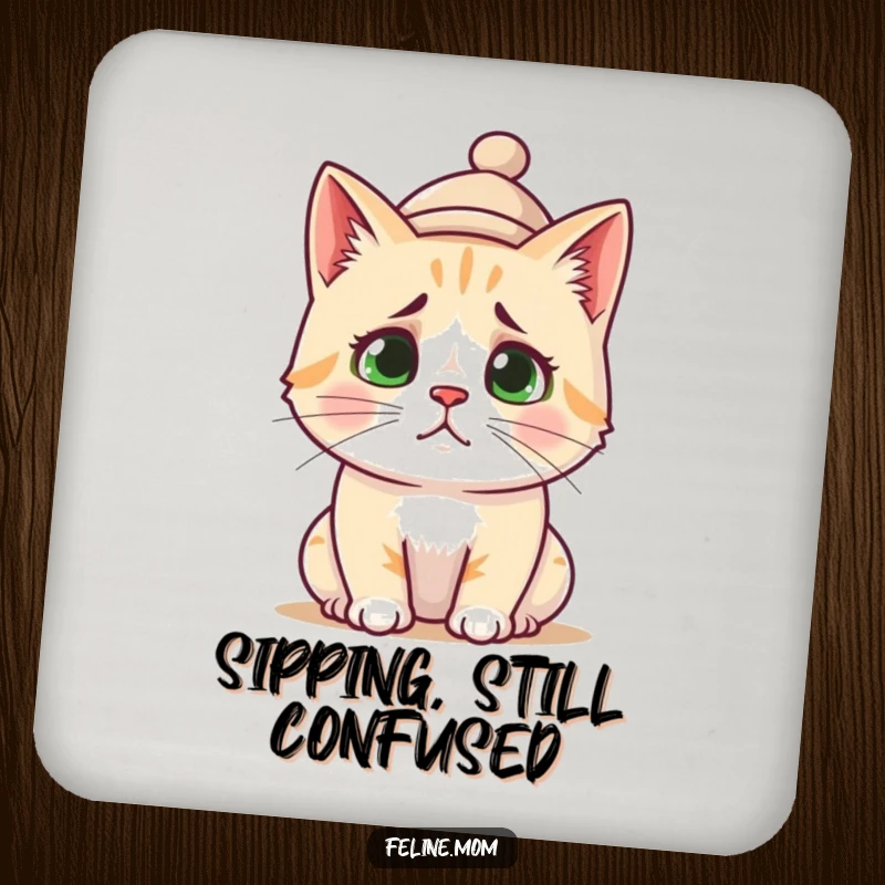Funny Coaster: A confused cat wearing a small hat, protecting your furniture with charm.