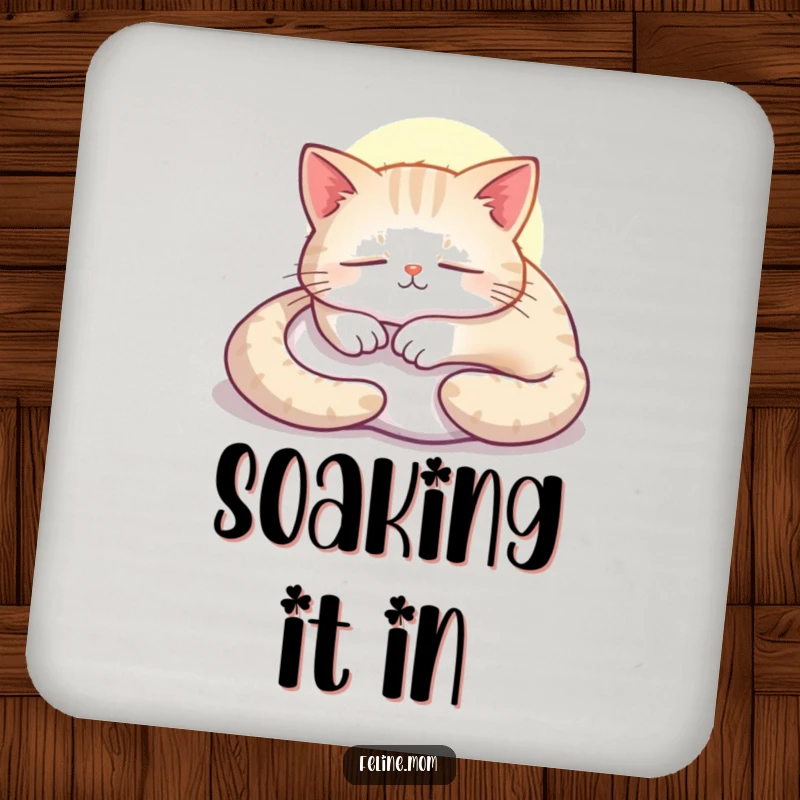 Funny cat drink coasters set, showing a contented feline napping peacefully in a sunbeam.