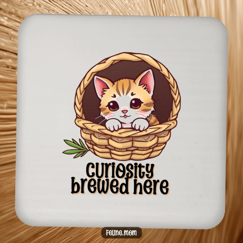 Funny cat drink coasters set, showing a curious feline peeking out from a cozy basket.