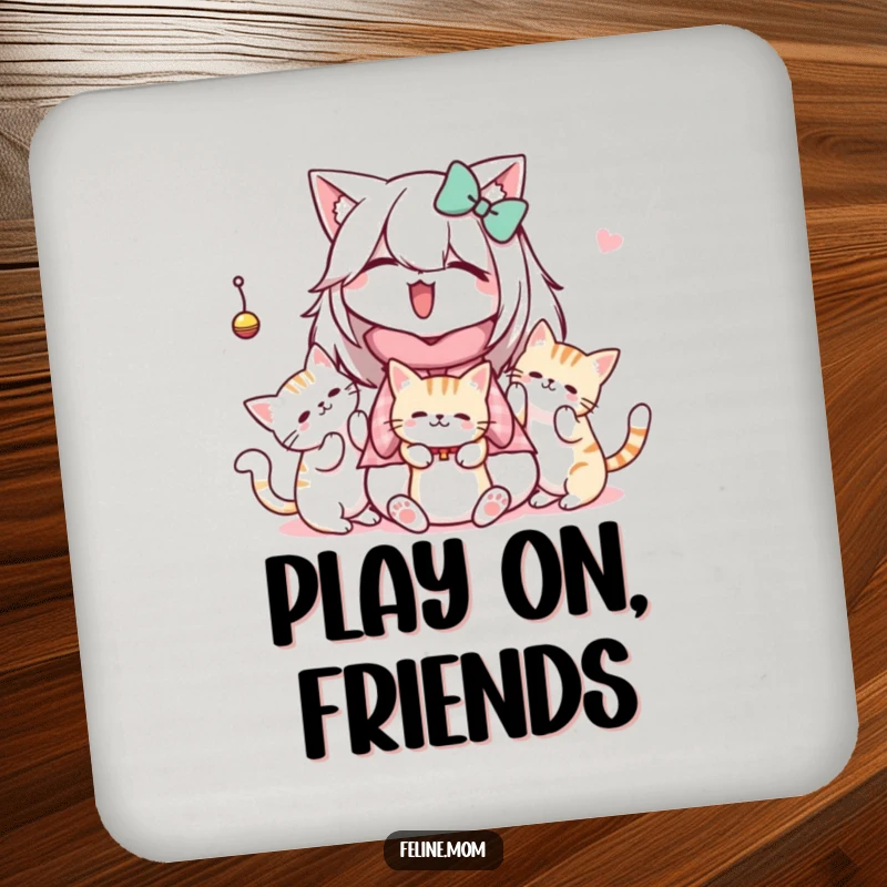 Funny Kawaii Cat Lady Coaster featuring a sweet character with cats batting at a dangling toy, adding charm to tables.