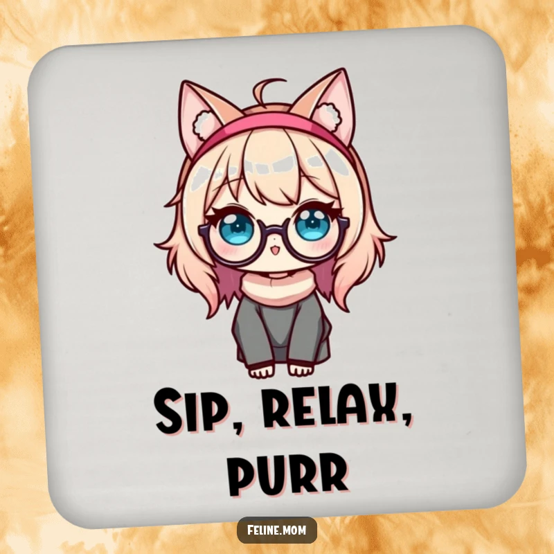 Funny Kawaii Cat Lady Coaster featuring a charming character with cat ears and glasses, adding a cute and protective touch to tables.