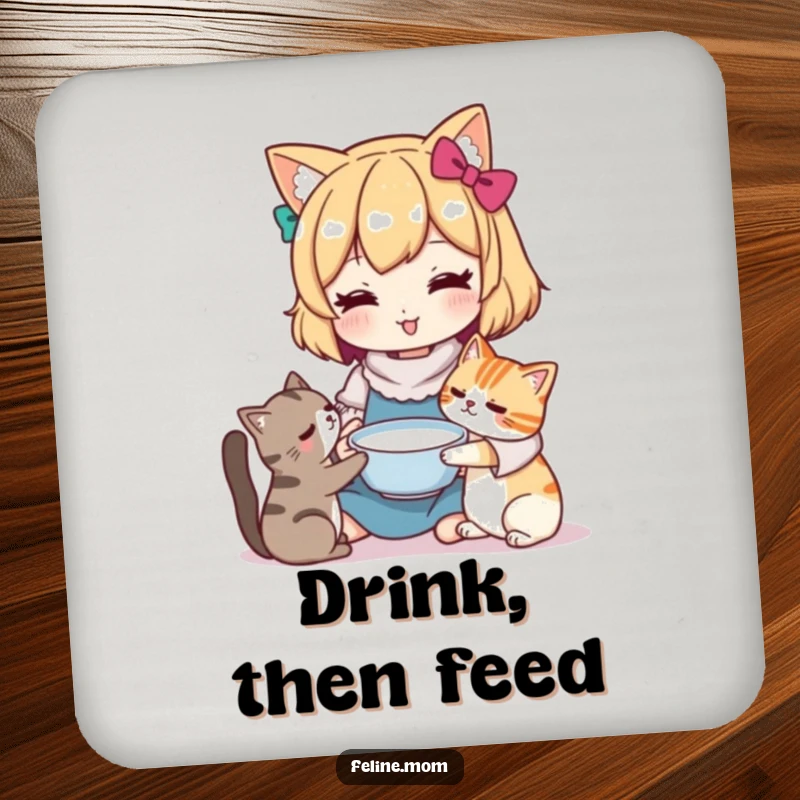 Funny Kawaii cat lady character offering a bowl of milk to a cat, on a set of decorative drink coasters. Protects tables with charm.