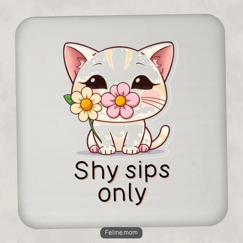 Funny drink coasters featuring a shy cat wearing a flower, peeking out from behind. Adorable protection for furniture with a humorous touch.