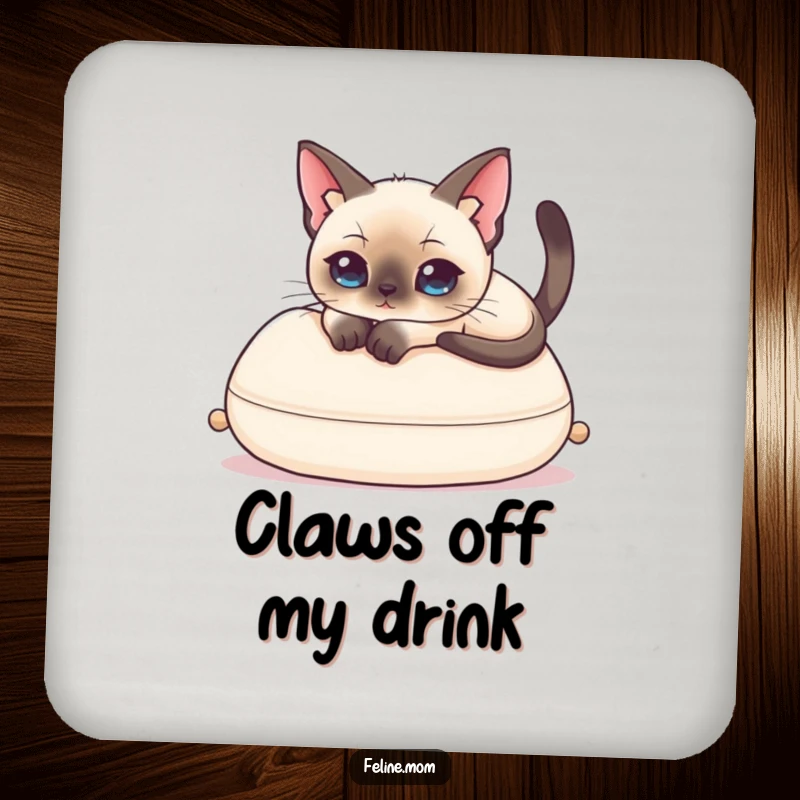 Funny Siamese Cat Coaster depicting an elegant cat lounging, offering humorous protection for tabletops.