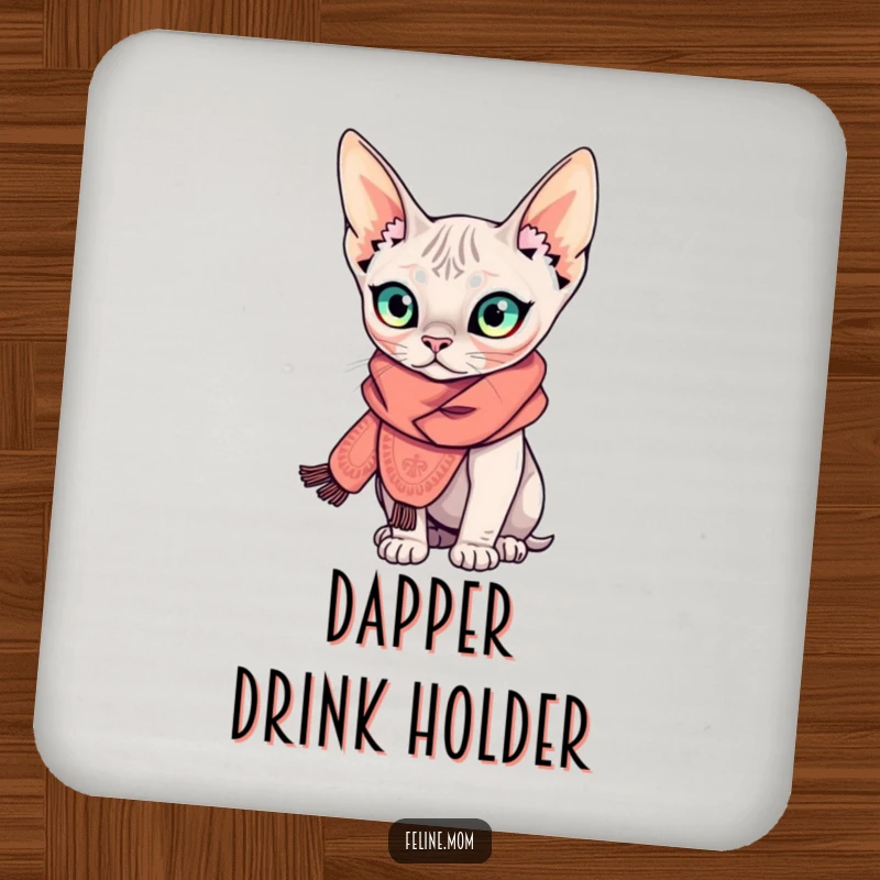 Funny Sphynx cat coaster featuring a curious, hairless cat wearing an elaborate scarf, adding hilarious chicness while protecting surfaces.