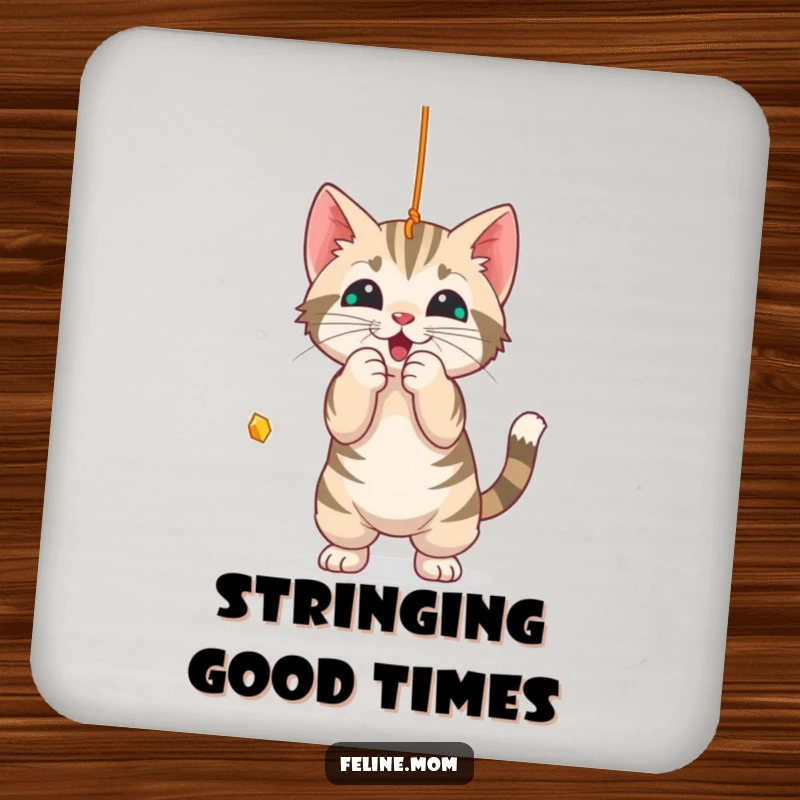 Funny Coaster: A playful tabby cat batting at a string, protecting your furniture with charm.