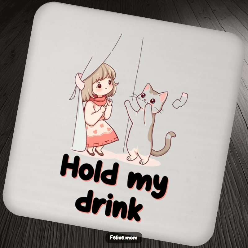 Funny illustration of a cat lady reaching for a cat climbing a curtain, on a set of protective drink coasters.