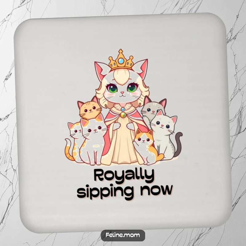 Funny cat lady as a queen, with her cats as her court, on a set of decorative drink coasters.