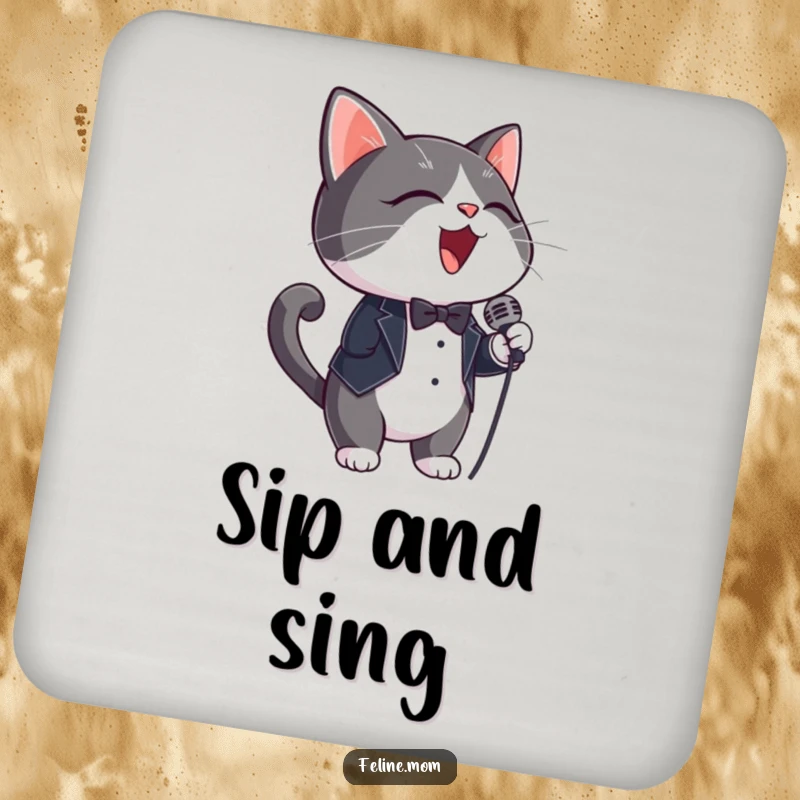 Funny Coaster: A tuxedo cat wearing a microphone, protecting your furniture with style.