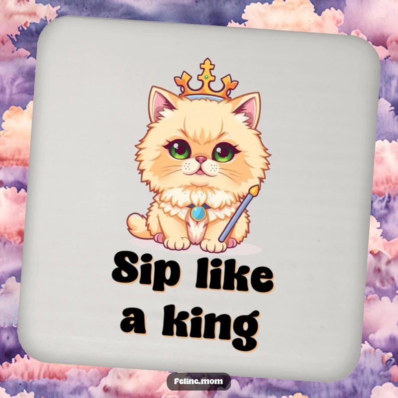 Funny drink coaster featuring a regal Persian cat wearing a crown and sceptre, protecting surfaces with majestic humor.