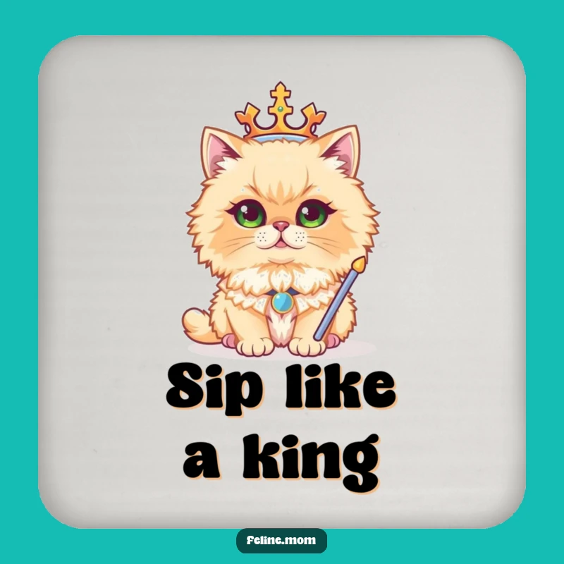 Funny Regal Persian Cat Coaster - Majestic Crown Sceptre Drink Protector
