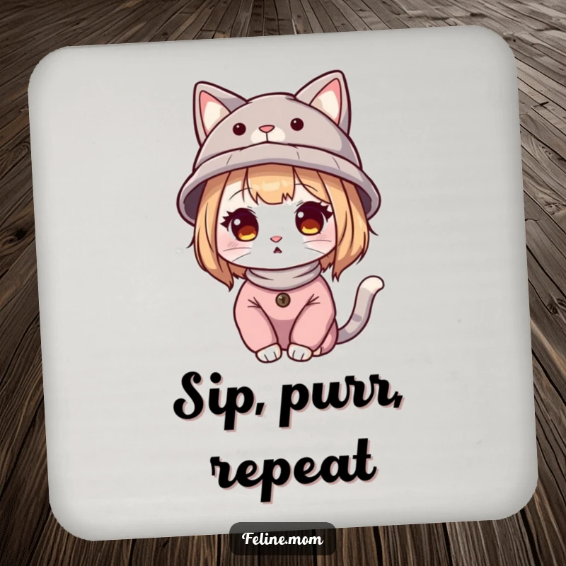 Funny cat lady illustration wearing a hat with cat ears, on a set of protective drink coasters.