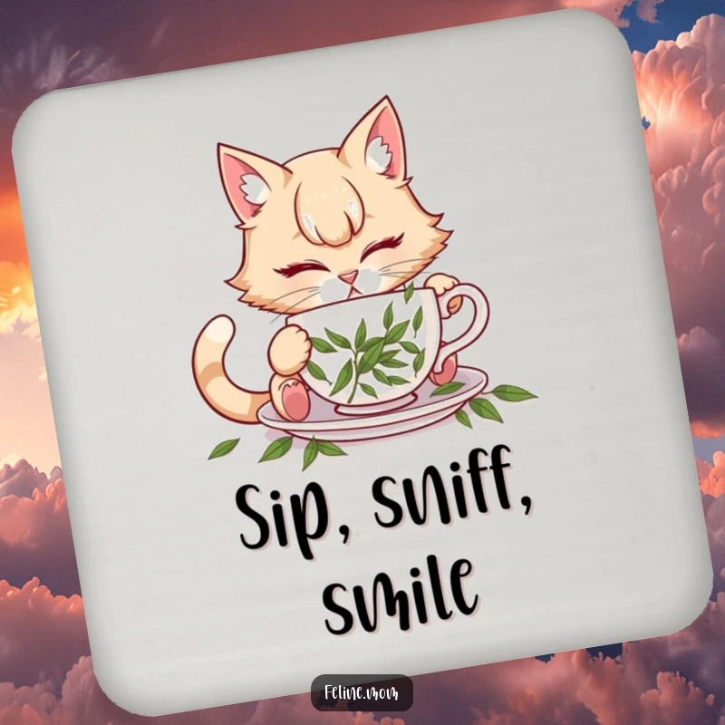 Funny illustration of a cat lady attempting to drink from a teacup filled with catnip, on coasters.