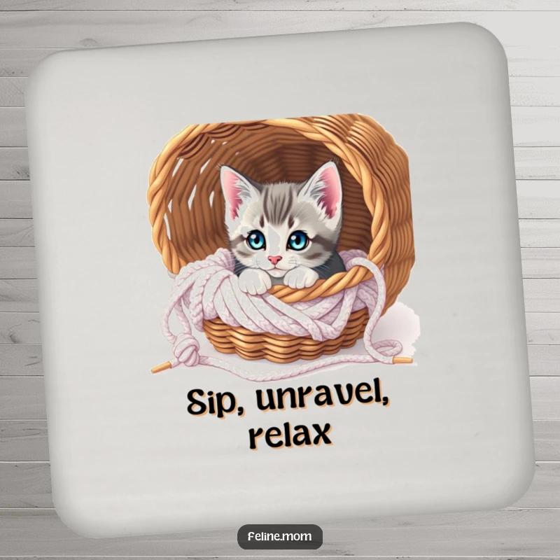 Funny Curious Kitten Knitting Coaster: A cute kitten peeks from a knitting basket, charmingly protecting your furniture.