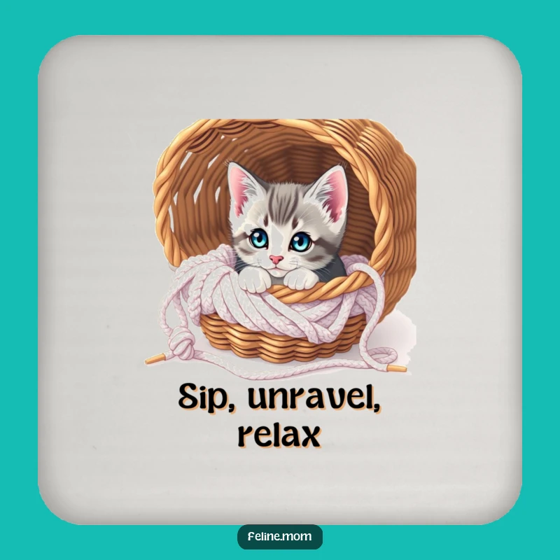 Funny Curious Kitten Knitting Coaster - Protect Surfaces with Cuteness