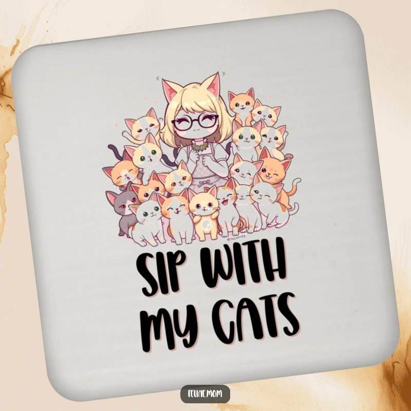 Funny cat lady design with a playful mob of kittens adorns these drink coasters, offering protection with a humorous, cat-centric touch.