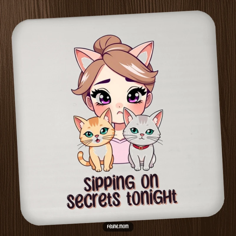 Funny coasters featuring a woman with a knowing smirk and a mischievous cat, adding humorous protection to surfaces.