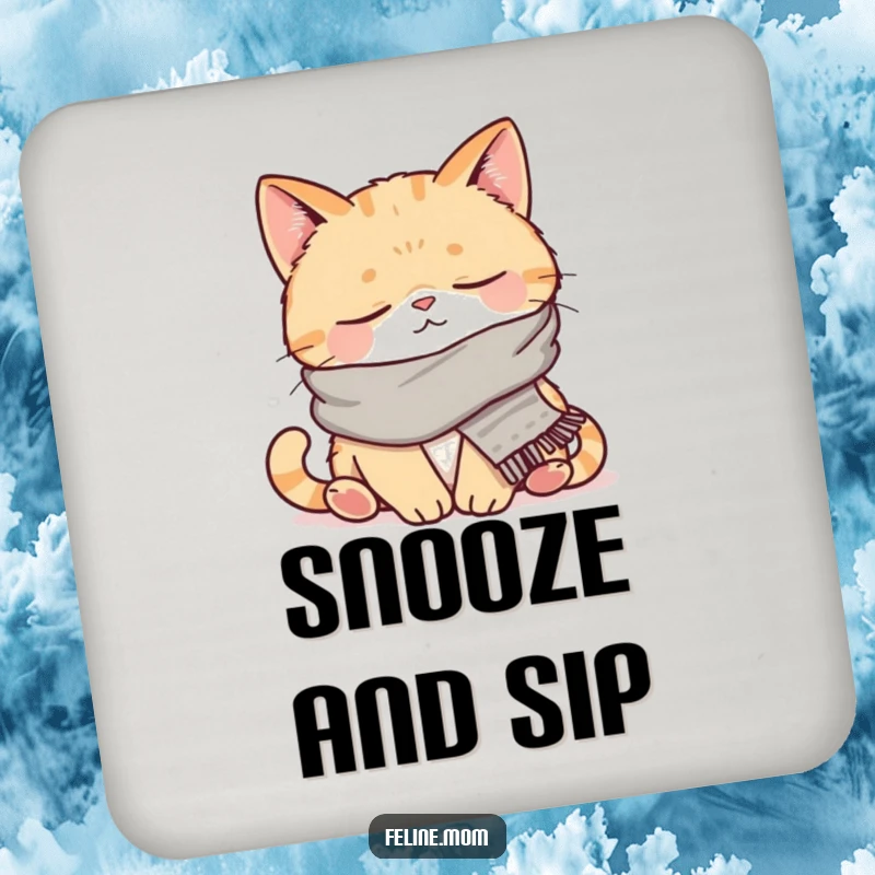 Funny drink coasters showcasing a napping cat wearing a scarf, promoting relaxation. Protect your furniture with this charming and humorous set.