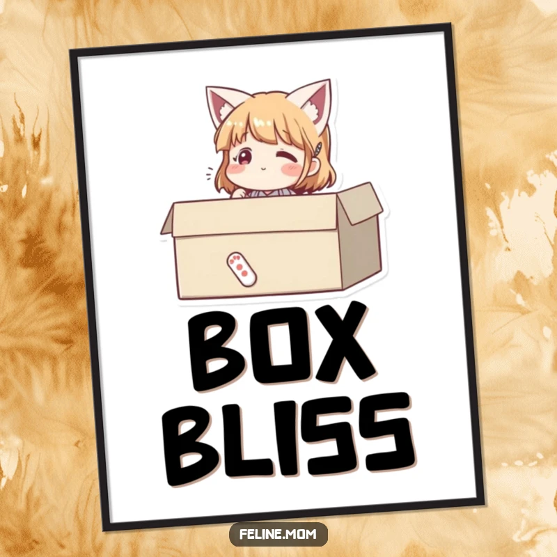 Funny poster of a woman sitting contentedly inside a cardboard box, exuding pure happiness. Hilarious and relatable art.