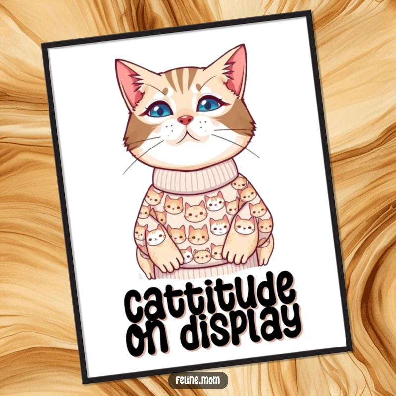 Funny cat lady poster showcasing a sweater covered in tiny cat faces, a charming piece of feline-themed art.