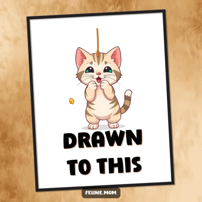 Funny Poster: An energetic tabby cat playfully batting at a dangling string, capturing pure feline joy.