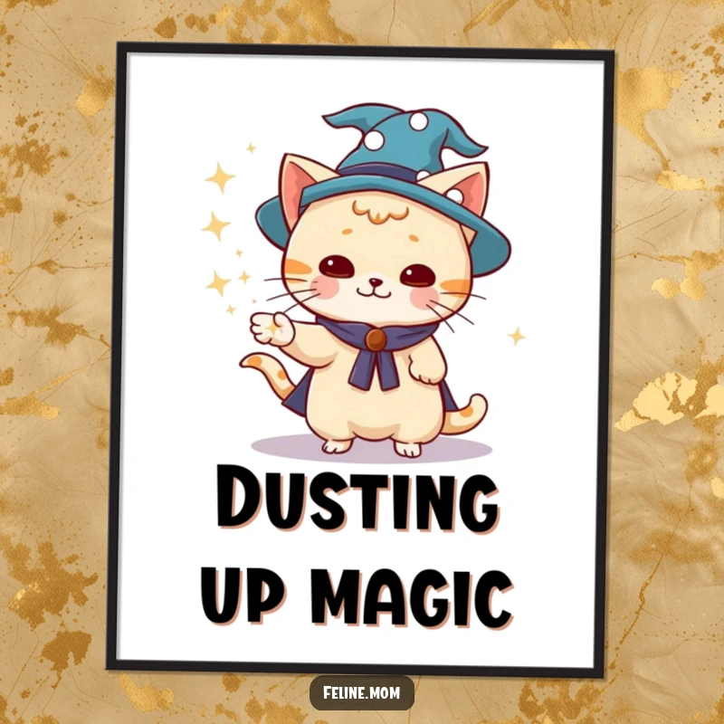 Funny wizard cat in a wizard hat, conjuring dust, magical art print, whimsical wall decor, funny poster.