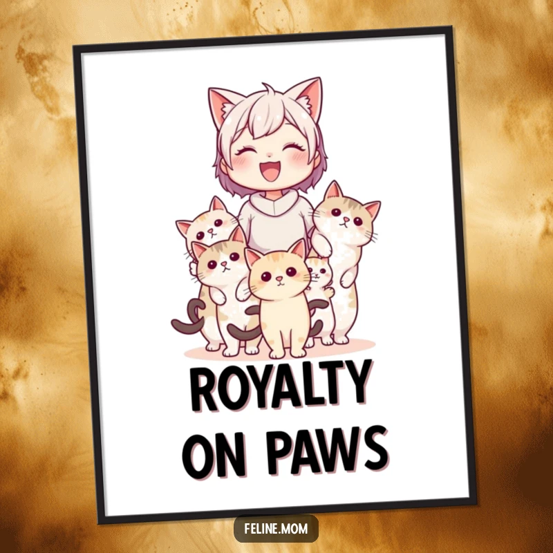 Funny cat lady art print showing her being carried by several cats, capturing a humorous and uplifting moment of feline affection.