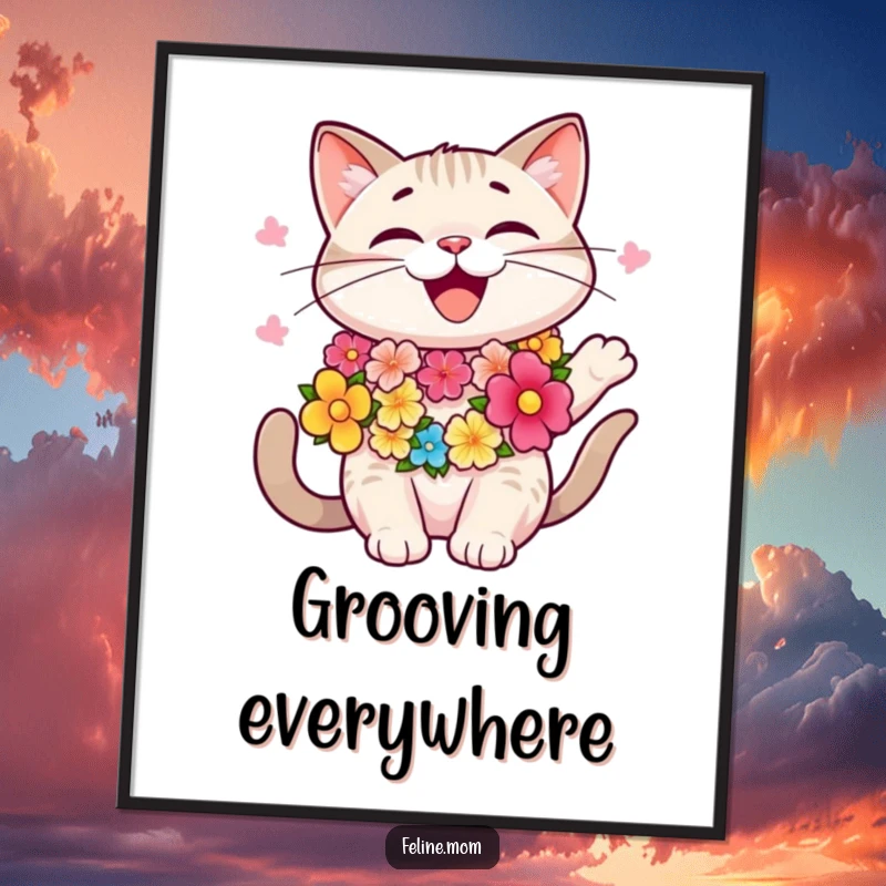 Funny happy cat wearing a colorful lei, swaying, tropical art print, vibrant, cheerful wall decor, funny poster.