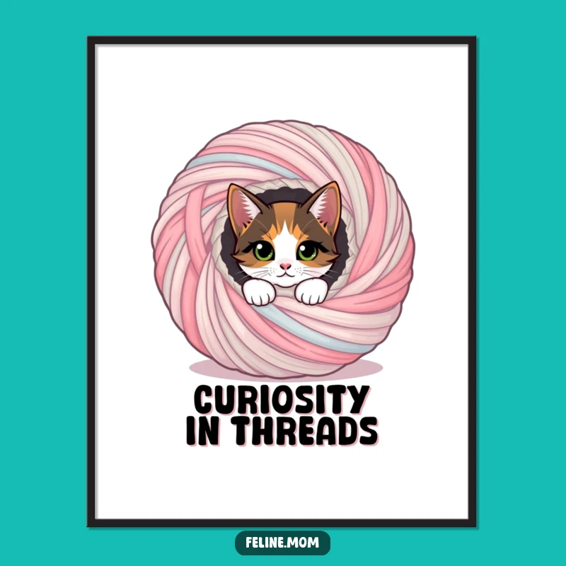 Funny Calico Cat Art Print: Yarn Ball Peek Poster for Whimsy