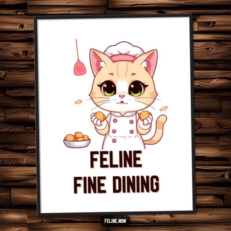 Funny Poster: A cat lady chef proudly holds out miniature fish treats, creating a humorous and heartwarming scene.