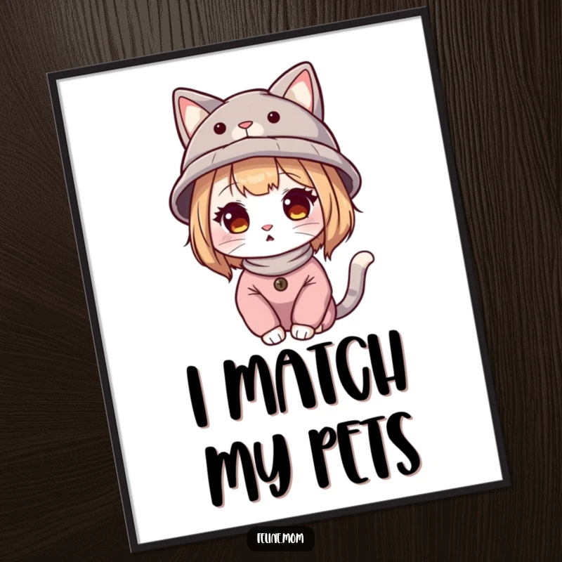 Funny cat lady illustration wearing a hat with cat ears, framed as a stylish poster print.