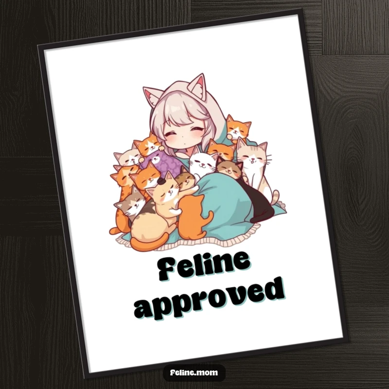 Funny Cat Lady poster showing a woman in a blanket being cuddled by many cats. Warm and humorous wall art for devoted cat lovers.