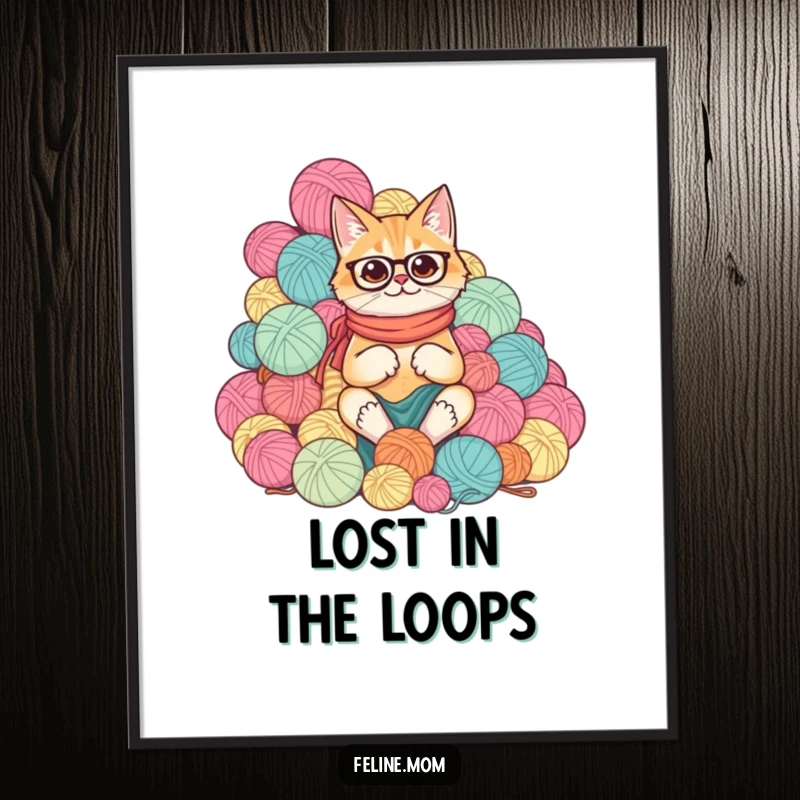 Funny cat lady overwhelmed by a comical mountain of yarn balls, depicted in vibrant wall art.