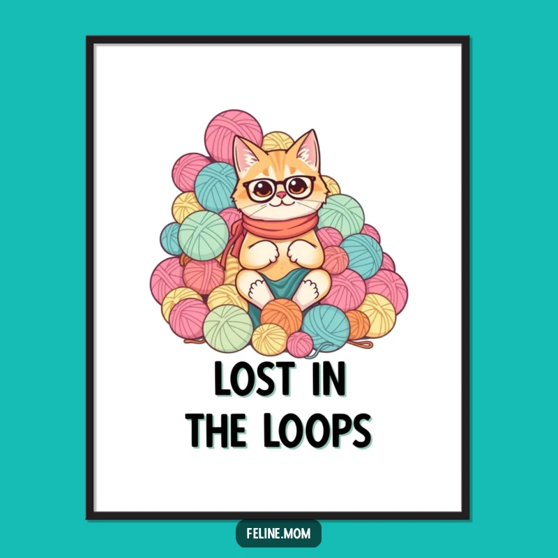 Funny Cat Lady Yarn Mountain Poster, Whimsical Fiber Art Decor