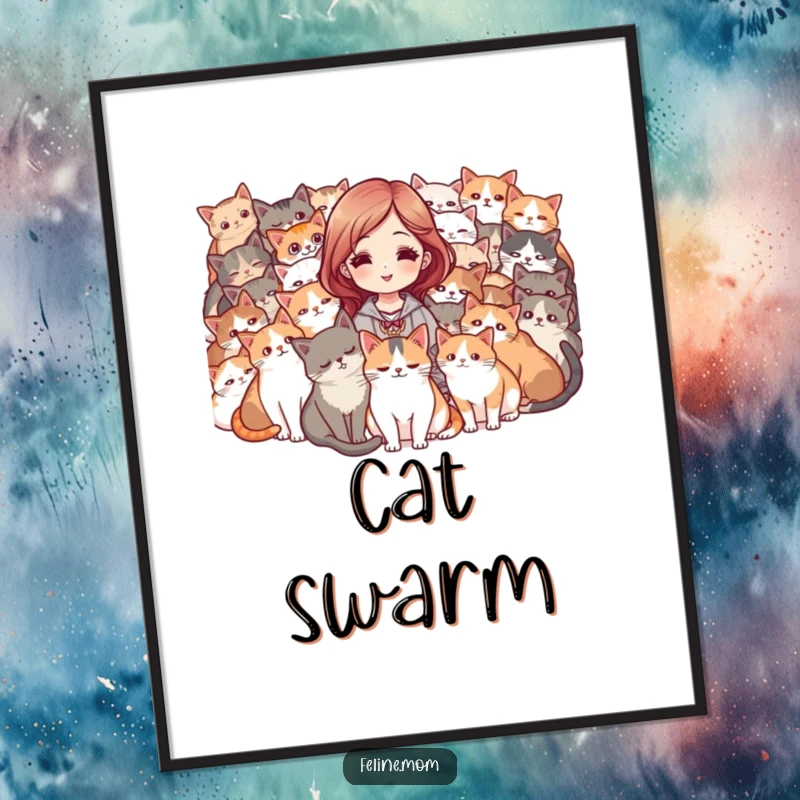 Funny poster of a woman gloriously surrounded by a purring mob of cats, exuding joy. Hilarious and heartwarming art.