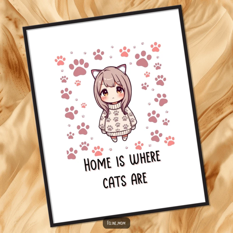 Funny poster featuring a cozy sweater pattern with cat paw prints, adding a touch of whimsical and humorous wall art to any room.