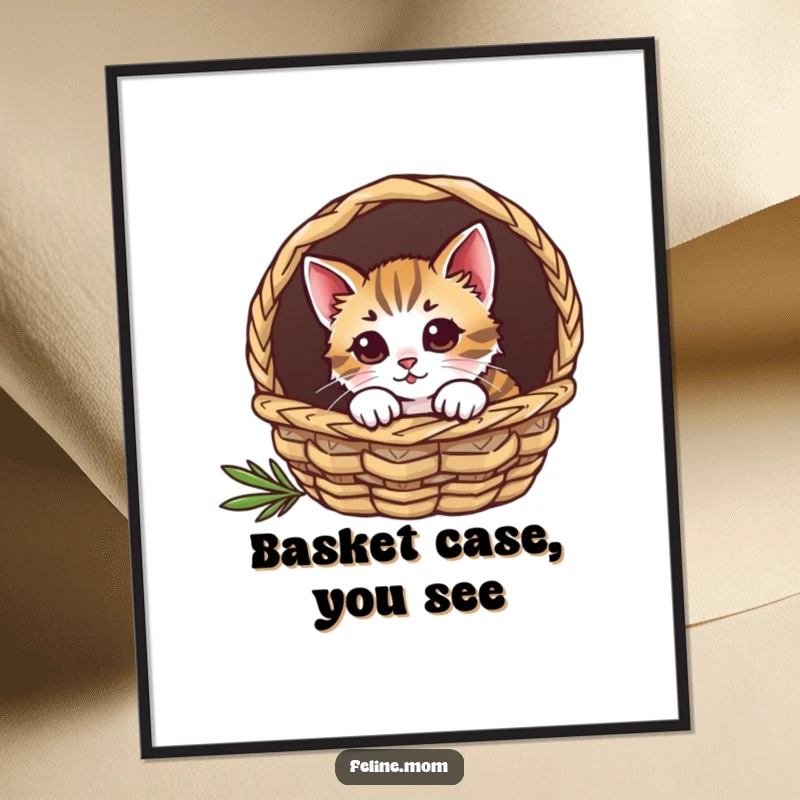 Funny cat poster art, a curious feline peeking over the rim of a cozy basket.