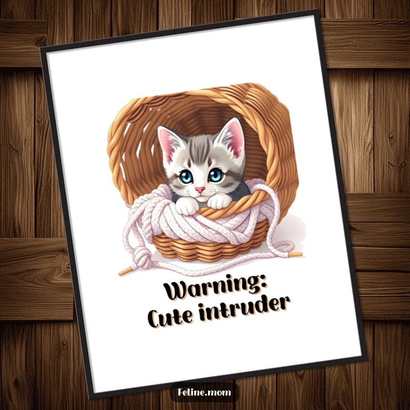 Funny Curious Kitten Knitting Poster: A curious kitten peeks from a knitting basket filled with yarn, creating charming wall art.