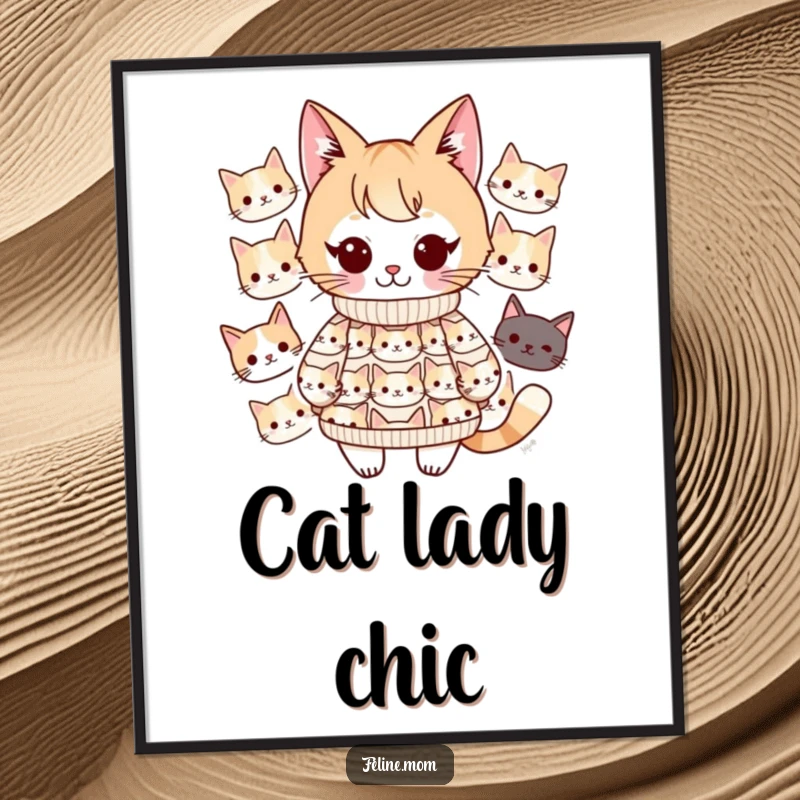 Funny Kawaii cat lady character wearing a sweater filled with cute cat faces, depicted as a charming wall art print. A decorative masterpiece.