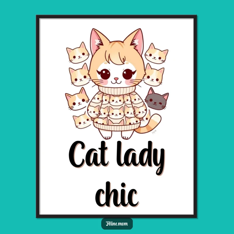 Funny Kawaii Cat Lady Art Print: Adorable Feline Fashion for Your Wall Decor