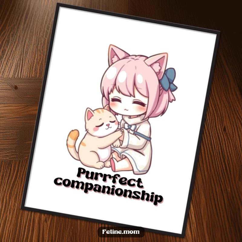 Funny Kawaii cat lady character gently petting a content purring cat, displayed as a touching art print for wall decor.
