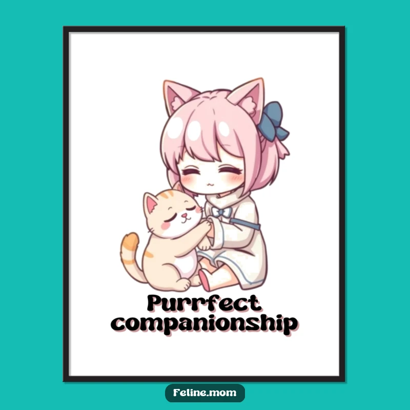 Funny Kawaii Cat Lady Art Print: Capture the Serenity of Petting a Purring Cat