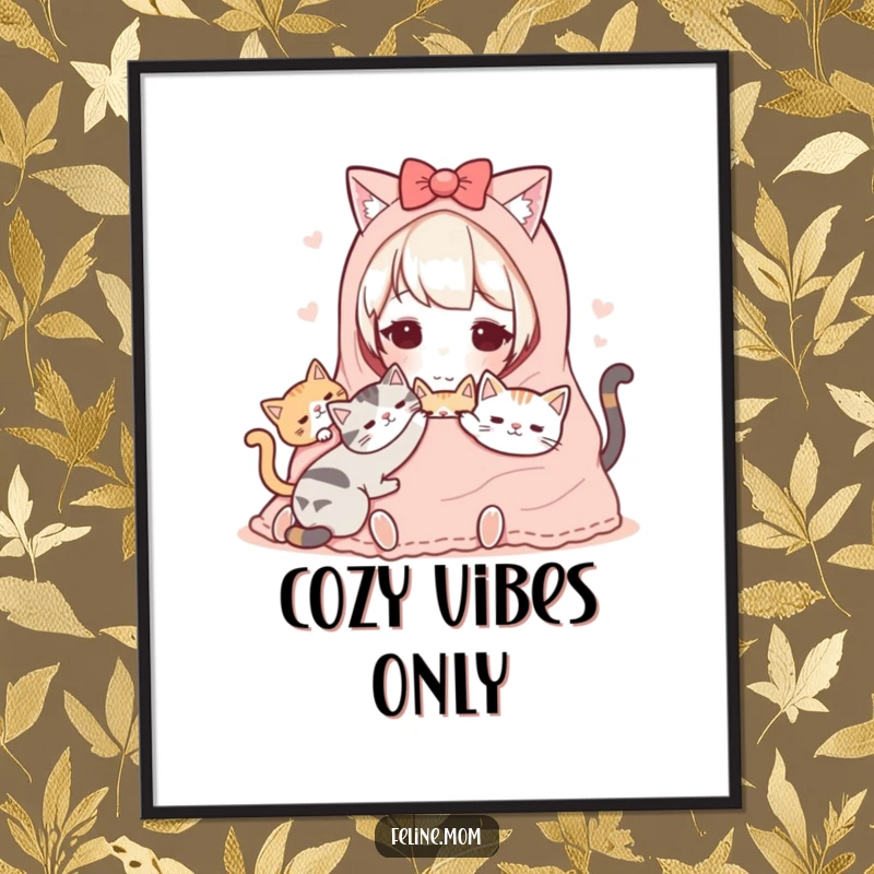 Funny Kawaii Cat Lady Poster displaying a cute character snuggled under a blanket with content cats, creating a cozy atmosphere.
