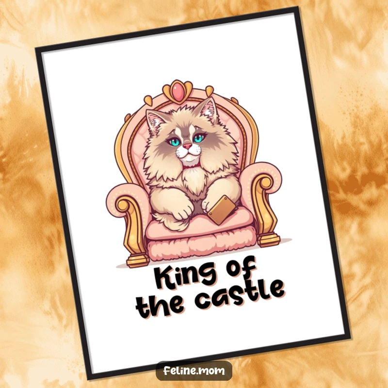 Funny Maine Coon poster depicting a fluffy cat lounging elegantly on a grand, plush throne, conveying supreme comfort and hilarious majesty.